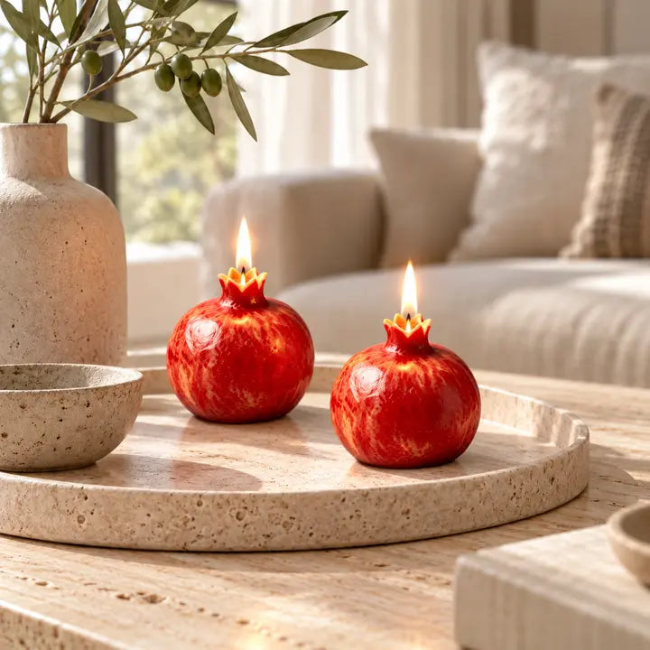 נרות רימון תלת־ממדיים אדומים על מגש בטון בבית מעוצב – השראה ליציקה בתבנית סיליקון