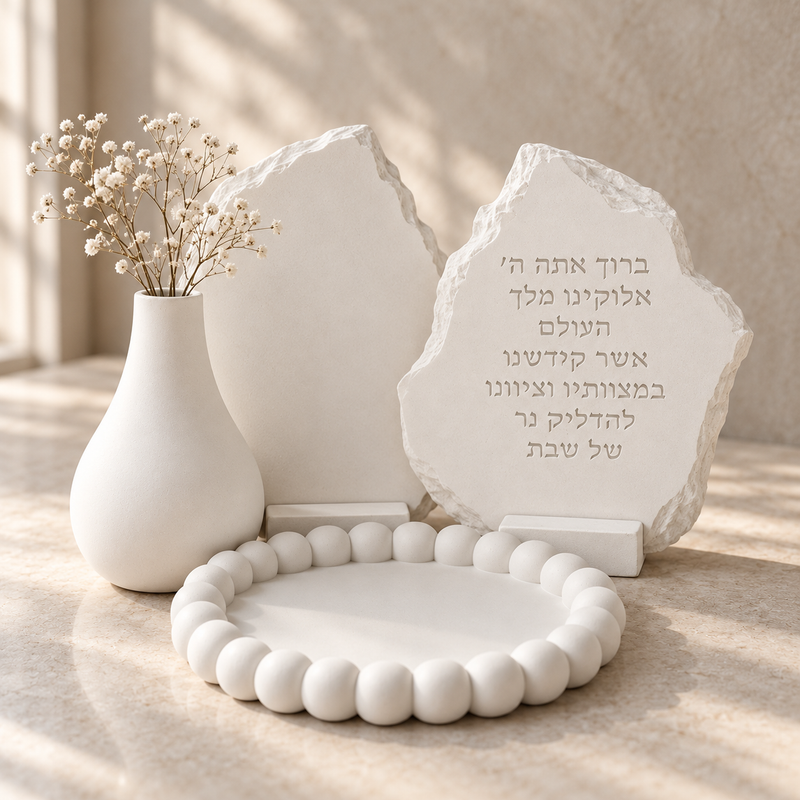 ברכת השבת בגוון שמנת, כדוגמה ליציקה חלקה מאבקת קמין שלג פולימרי