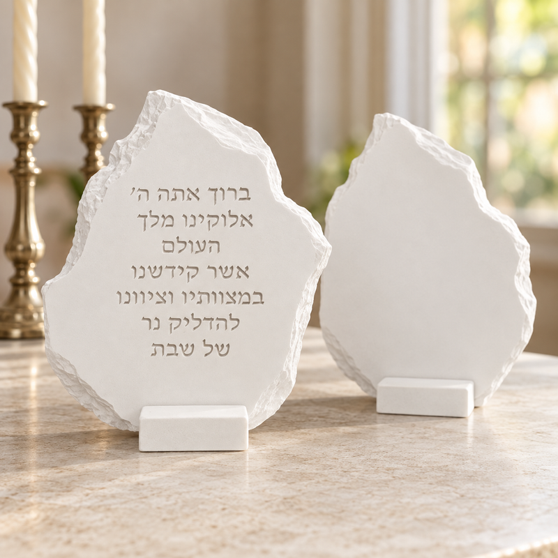 ברכת שבת יצוקה בגוון לבן, מלפנים ומאחור, להמחשת הגימור החלק של אבקת קמין שלג פולימרי