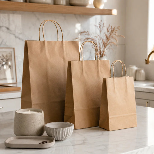 שקיות נייר קראפט בשלוש מידות לצד כלי בטון מעוצבים במטבח