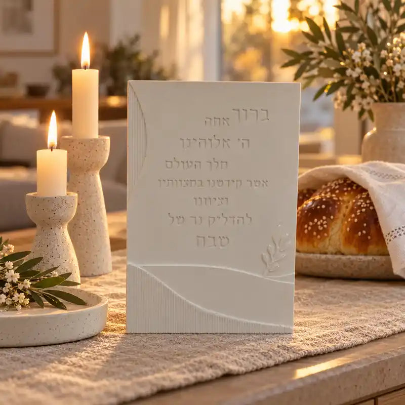לוח יצוק של ברכת הדלקת נרות שבת בגוון שמנת, תוצר לדוגמה מתבנית סיליקון של גרייש, לצד פמוטים ונרות שבת דולקים