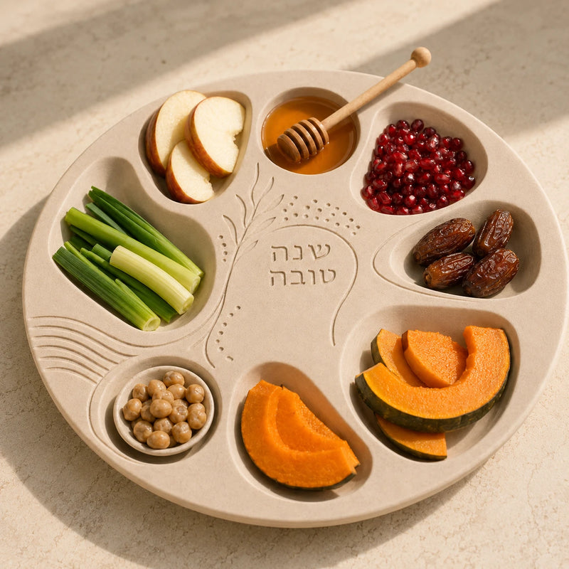 צלחת שנה טובה עם שבעה תאים לסימני ראש השנה