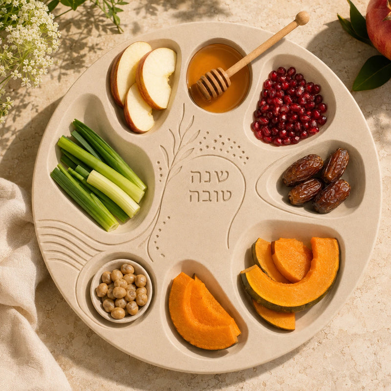 צלחת ברכות ראש השנה מבטון פולימרי עם סימני החג